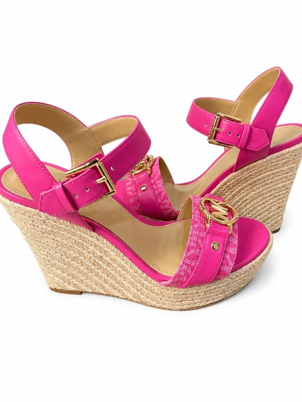 Michael Michael Kors Size 8M Pink Espadrille Wedge Sandals Gold Logo